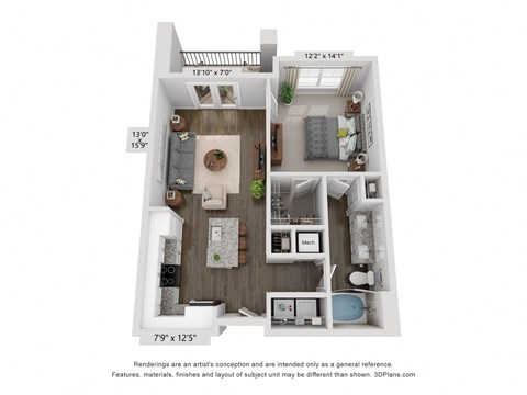 Floor plan for 1 bed, 1 bath, 731 sqft